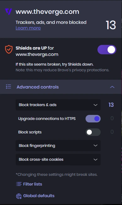 Brave's Adblocker panel