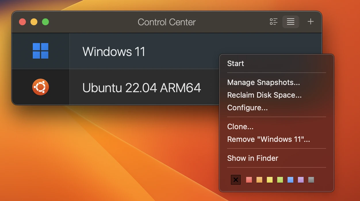 Parallels Virtual Machine Configuration Panel